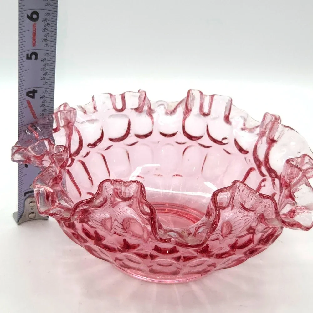 Vintage Fenton Pink Ruffled Edge Thumbprint Footed Bowl 8